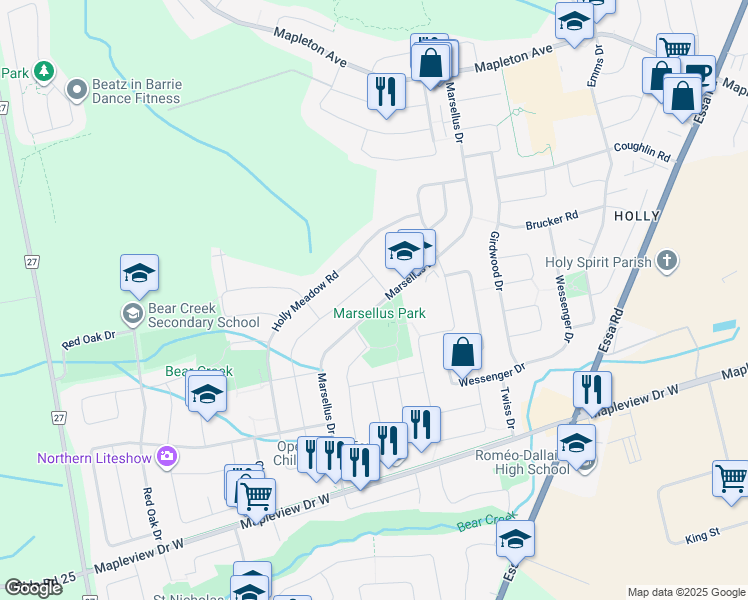 map of restaurants, bars, coffee shops, grocery stores, and more near 120 Marsellus Drive in Barrie