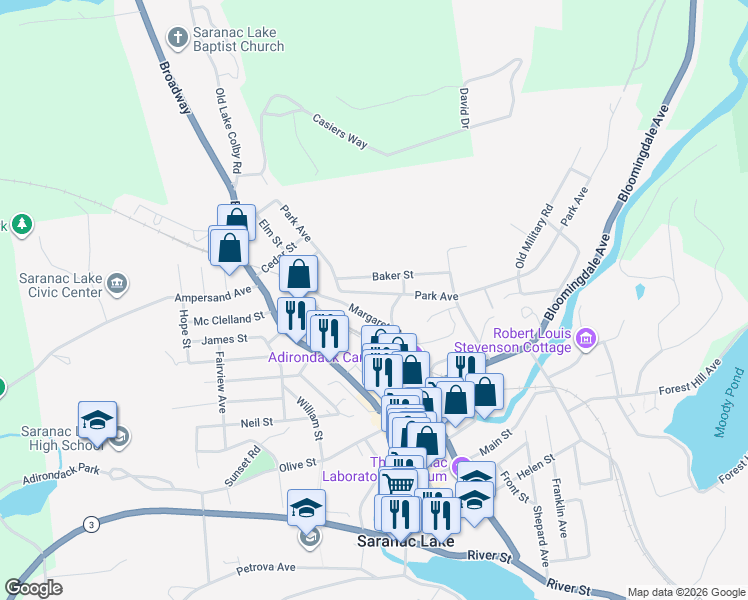 map of restaurants, bars, coffee shops, grocery stores, and more near 134 Park Avenue in Saranac Lake