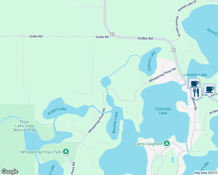 map of restaurants, bars, coffee shops, grocery stores, and more near E938 Whispering Pines Road in Waupaca
