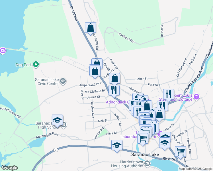 map of restaurants, bars, coffee shops, grocery stores, and more near 183 Broadway in Saranac Lake