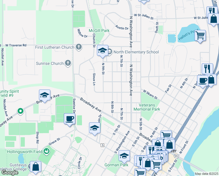 map of restaurants, bars, coffee shops, grocery stores, and more near 508 North 8th Street in Saint Peter