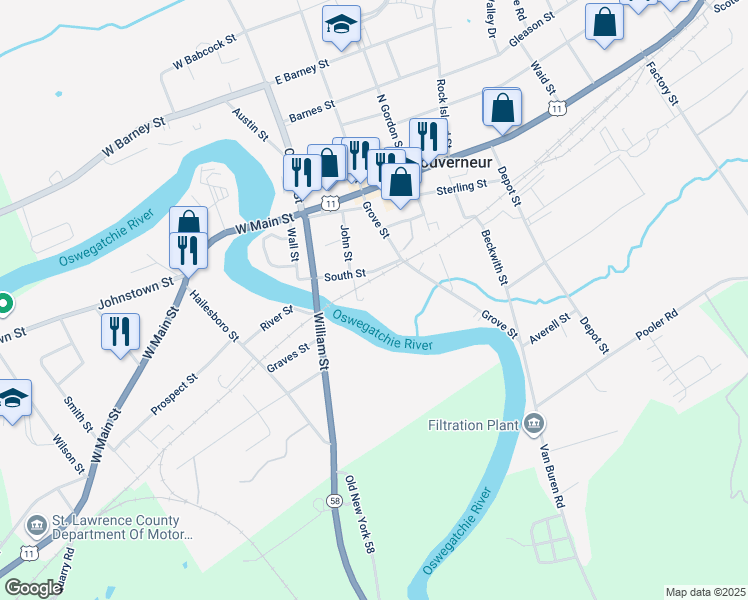 map of restaurants, bars, coffee shops, grocery stores, and more near 9 John St in Gouverneur