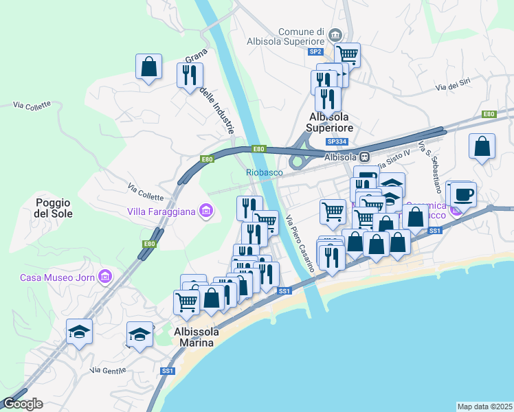 map of restaurants, bars, coffee shops, grocery stores, and more near Via Sansobbia in Albissola Marina