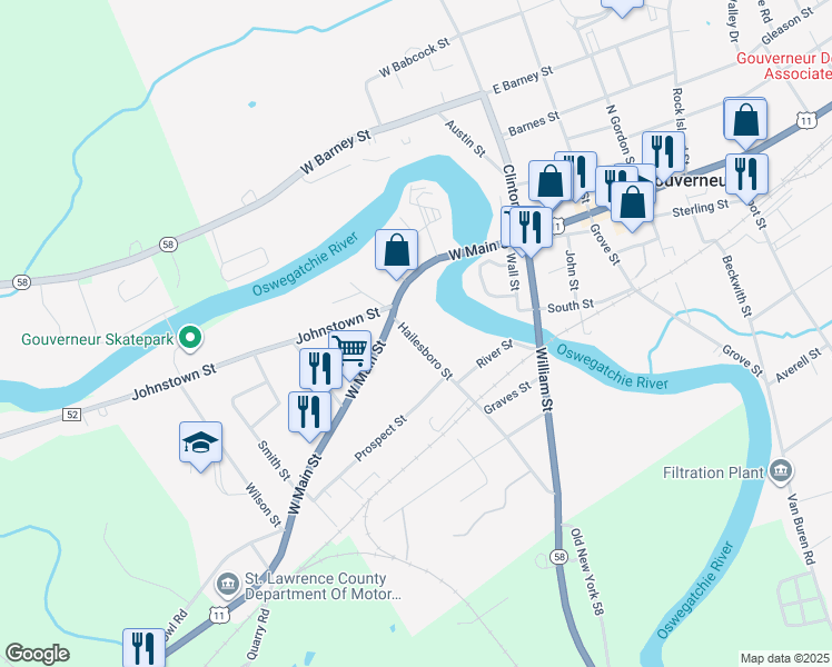 map of restaurants, bars, coffee shops, grocery stores, and more near 14 Hailesboro Street in Gouverneur
