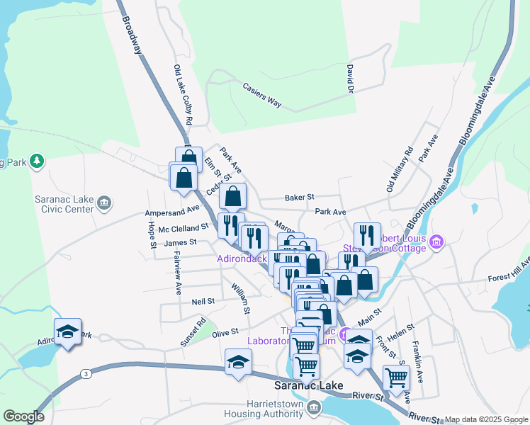 map of restaurants, bars, coffee shops, grocery stores, and more near 108 Park Avenue in Saranac Lake
