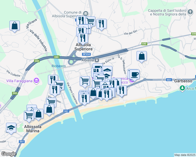 map of restaurants, bars, coffee shops, grocery stores, and more near 6 Via dei Capello in Albisola Superiore