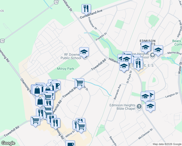 map of restaurants, bars, coffee shops, grocery stores, and more near in Peterborough