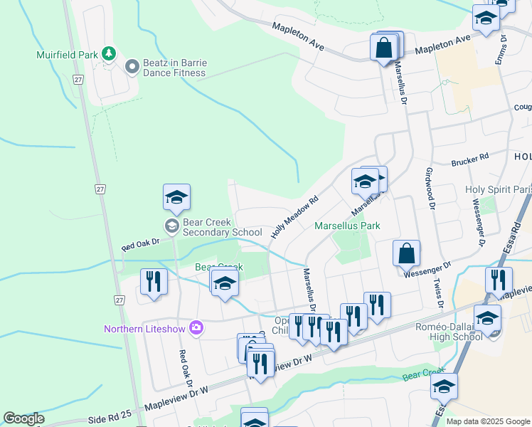 map of restaurants, bars, coffee shops, grocery stores, and more near 21 Kenwell Crescent in Barrie