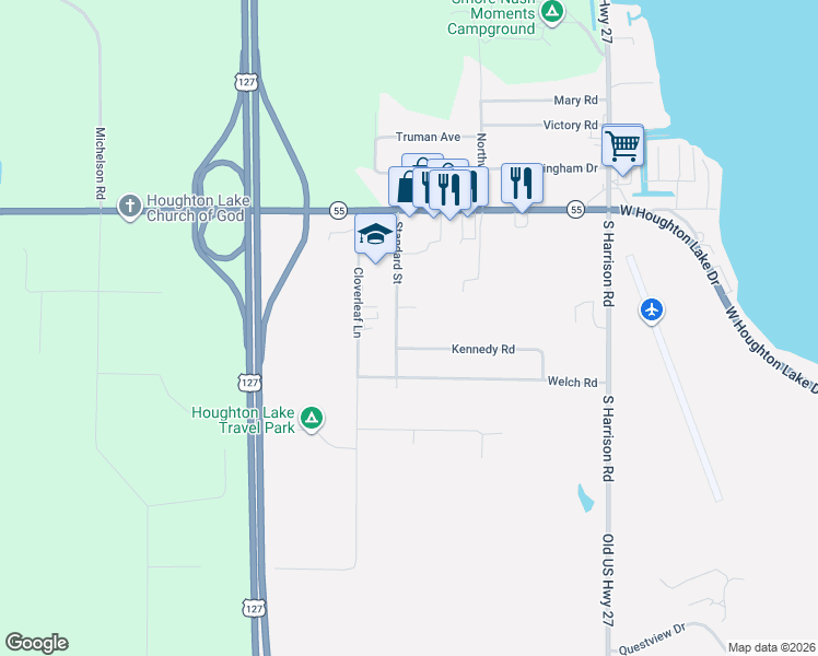 map of restaurants, bars, coffee shops, grocery stores, and more near 242 Kennedy Road in Houghton Lake