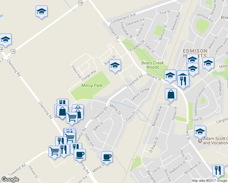 map of restaurants, bars, coffee shops, grocery stores, and more near 152 Towerhill Road in Peterborough