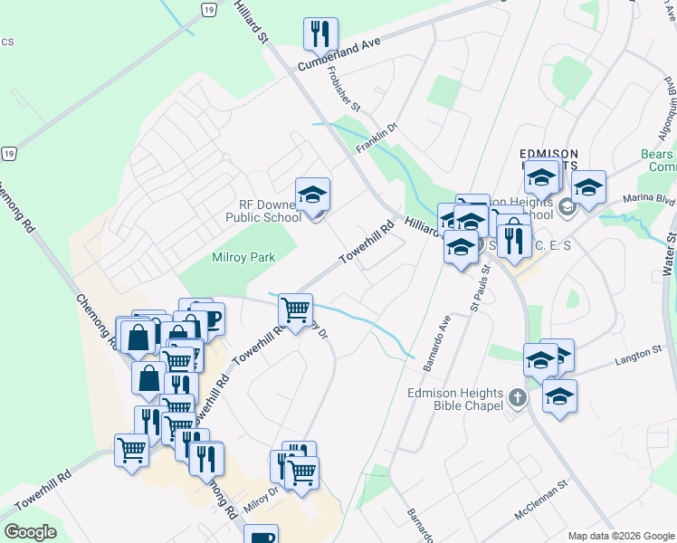 map of restaurants, bars, coffee shops, grocery stores, and more near in Peterborough
