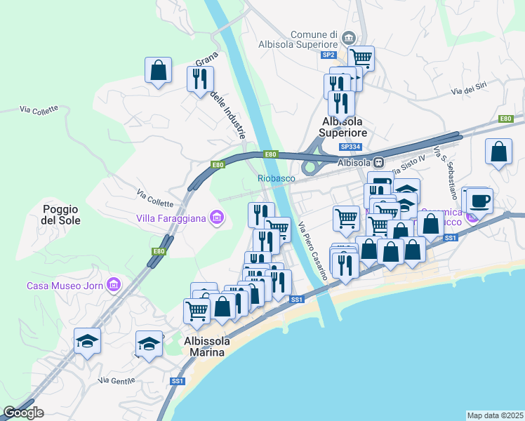 map of restaurants, bars, coffee shops, grocery stores, and more near Via Sansobbia in Albissola Marina