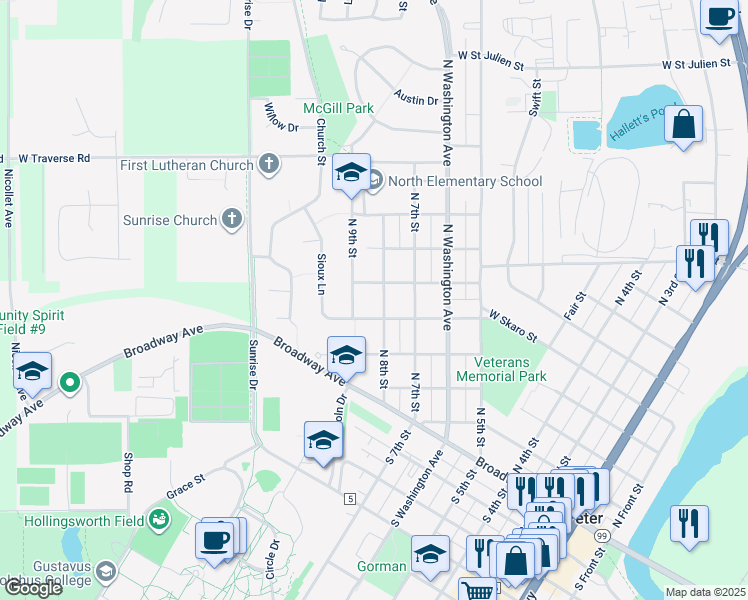 map of restaurants, bars, coffee shops, grocery stores, and more near 508 North 8th Street in Saint Peter
