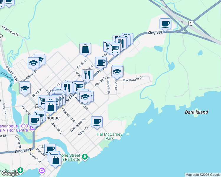 map of restaurants, bars, coffee shops, grocery stores, and more near 165 Elizabeth Drive in Gananoque