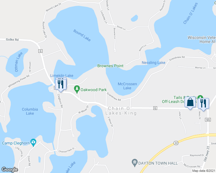 map of restaurants, bars, coffee shops, grocery stores, and more near N2550 Pines Inn Lane in Waupaca