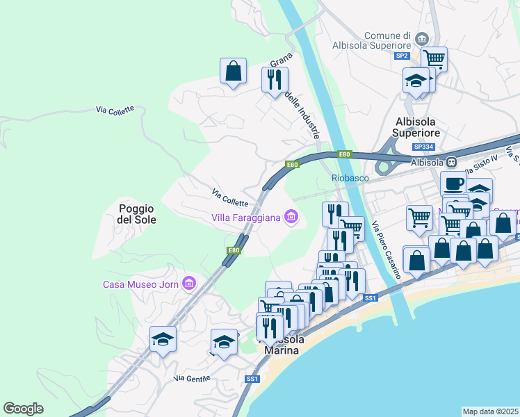 map of restaurants, bars, coffee shops, grocery stores, and more near Via delle Rogazioni in Albissola Marina
