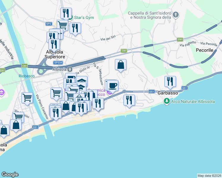 map of restaurants, bars, coffee shops, grocery stores, and more near 10 Via Alba Docilia in Albisola Superiore