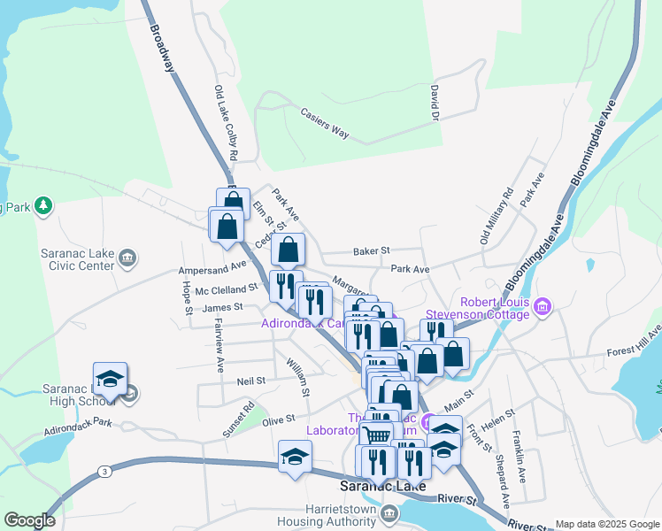 map of restaurants, bars, coffee shops, grocery stores, and more near 110 Park Avenue in Saranac Lake