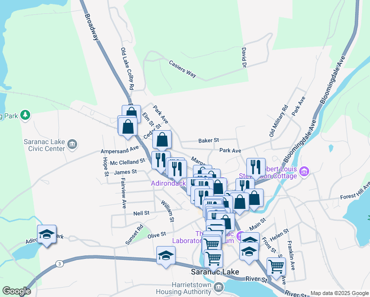 map of restaurants, bars, coffee shops, grocery stores, and more near 108 Park Avenue in Saranac Lake
