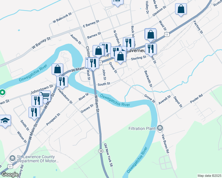 map of restaurants, bars, coffee shops, grocery stores, and more near 9 John St in Gouverneur
