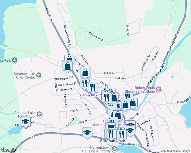 map of restaurants, bars, coffee shops, grocery stores, and more near 89 Park Avenue in Saranac Lake