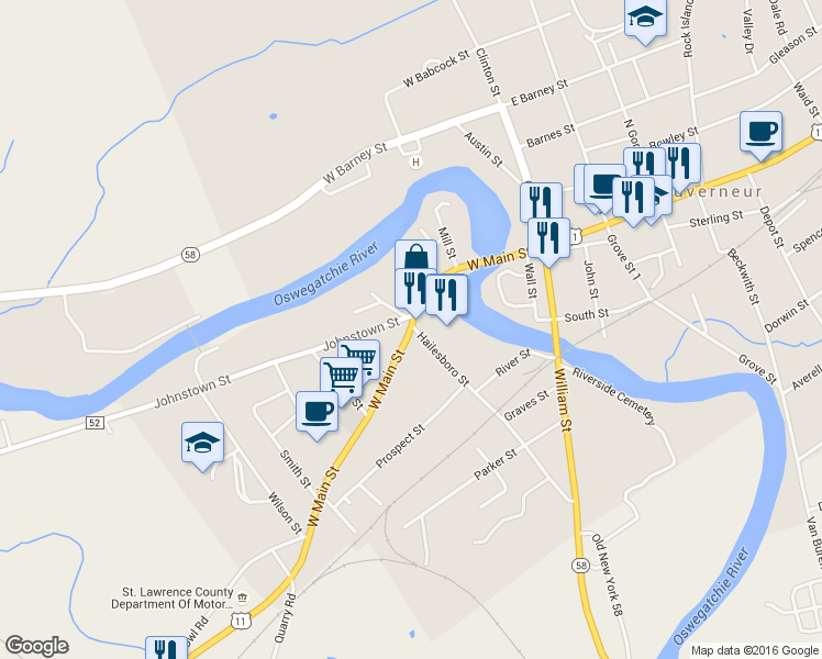 map of restaurants, bars, coffee shops, grocery stores, and more near 125 West Main Street in Gouverneur
