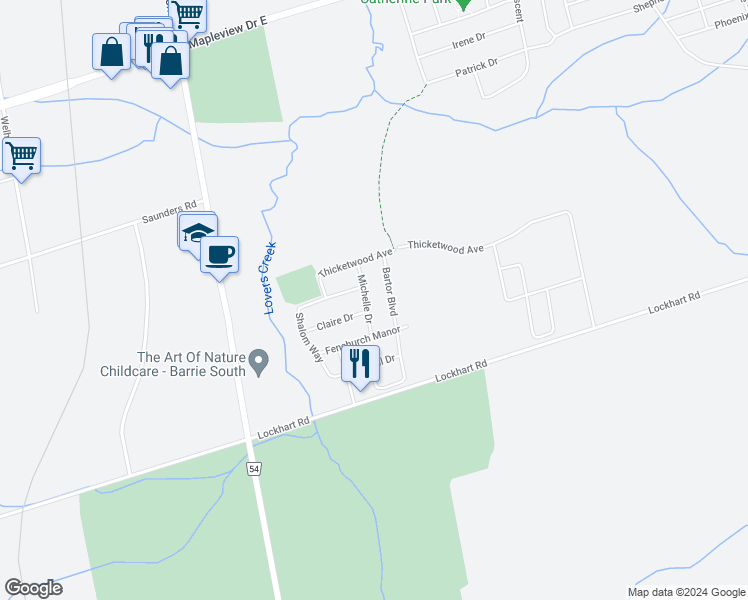 map of restaurants, bars, coffee shops, grocery stores, and more near 17 Michelle Drive in Barrie