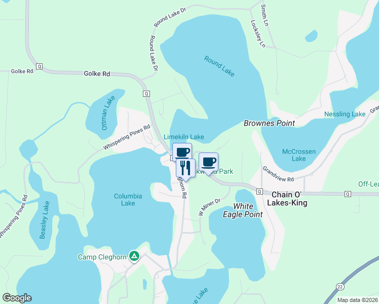 map of restaurants, bars, coffee shops, grocery stores, and more near E1204 County Park Lane in Waupaca