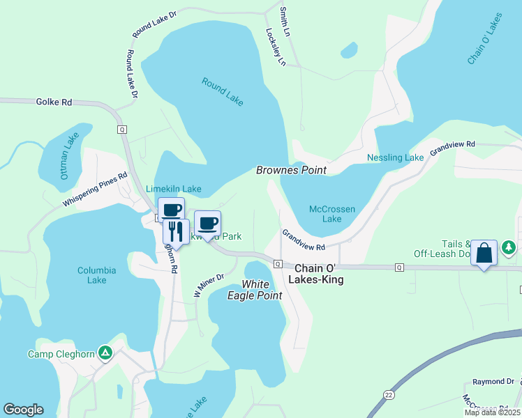 map of restaurants, bars, coffee shops, grocery stores, and more near N2550 Pines Inn Lane in Waupaca