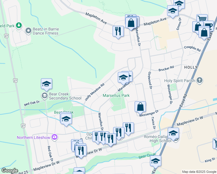 map of restaurants, bars, coffee shops, grocery stores, and more near 8 Butternut Drive in Barrie