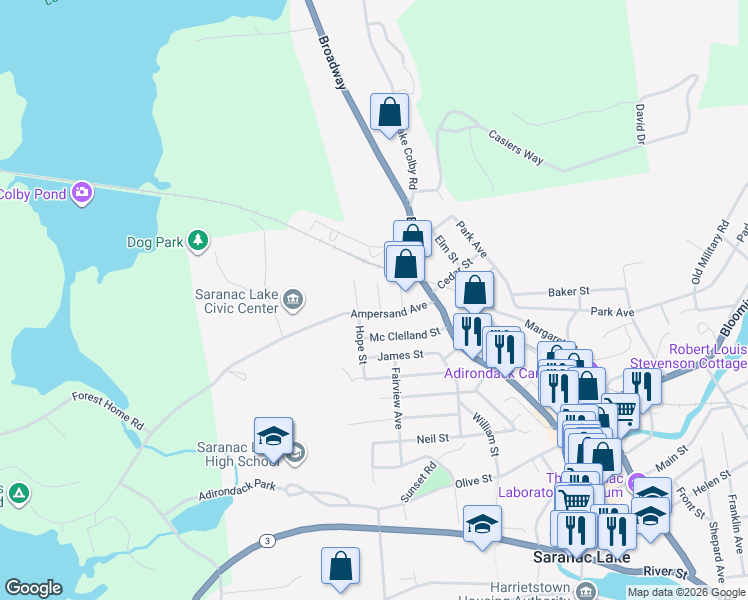 map of restaurants, bars, coffee shops, grocery stores, and more near 288 Ampersand Avenue in Saranac Lake