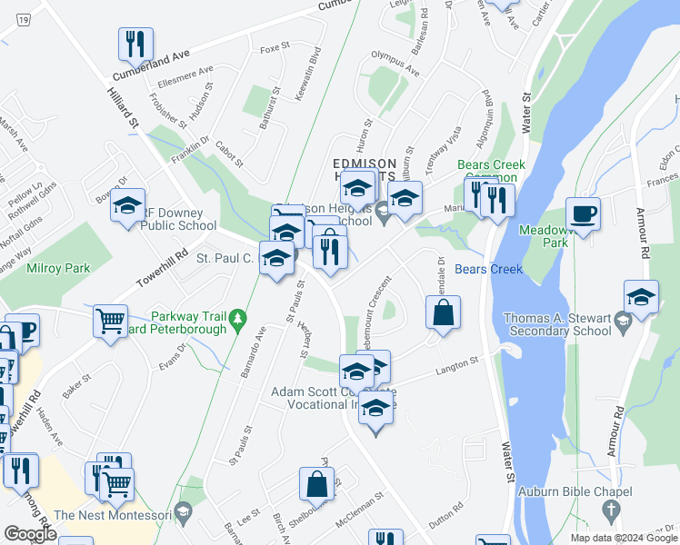 map of restaurants, bars, coffee shops, grocery stores, and more near 182 Marina Boulevard in Peterborough