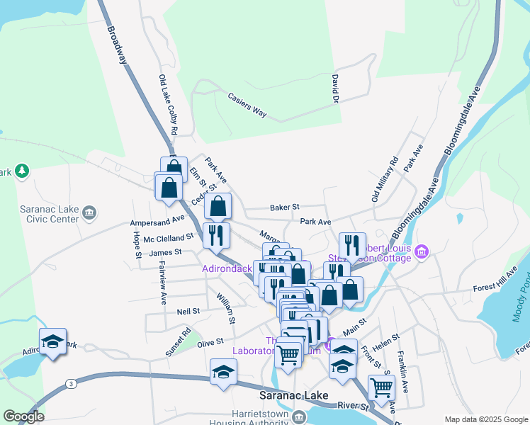 map of restaurants, bars, coffee shops, grocery stores, and more near 26 Baker Street in Saranac Lake