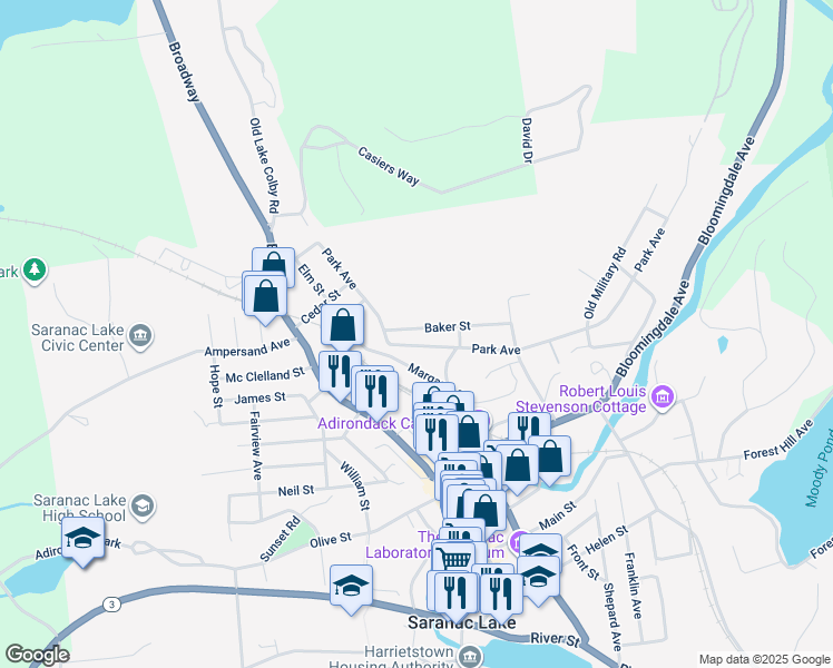 map of restaurants, bars, coffee shops, grocery stores, and more near 26 Baker Street in Saranac Lake