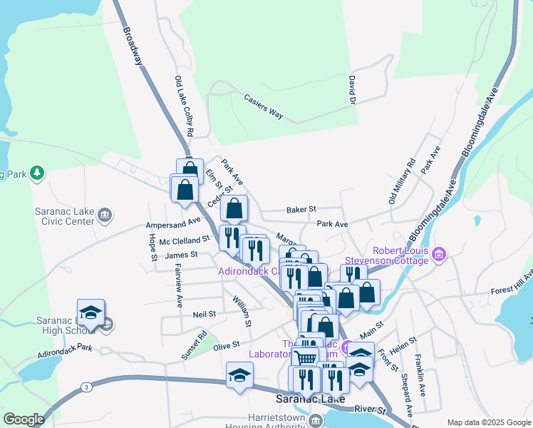 map of restaurants, bars, coffee shops, grocery stores, and more near 89 Park Avenue in Saranac Lake