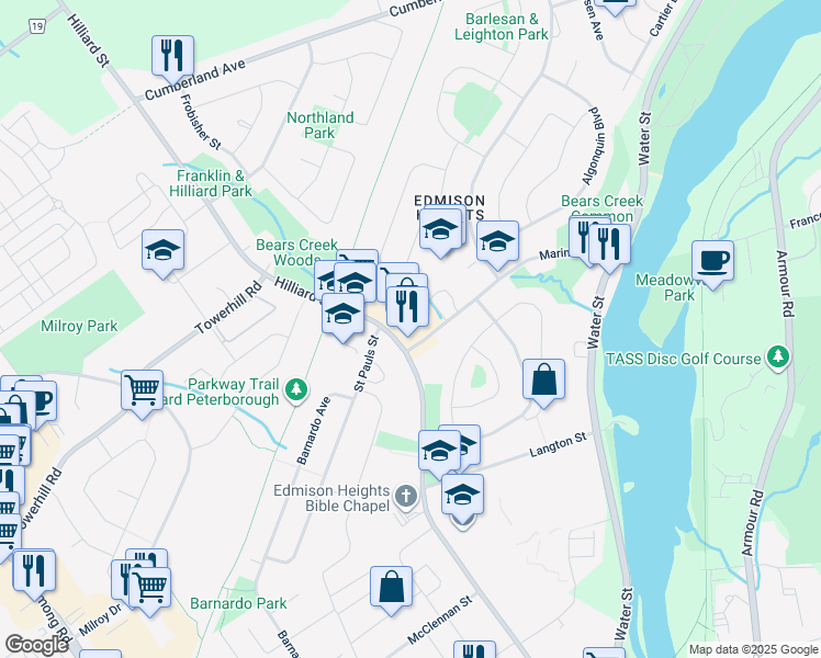 map of restaurants, bars, coffee shops, grocery stores, and more near 182 Marina Boulevard in Peterborough