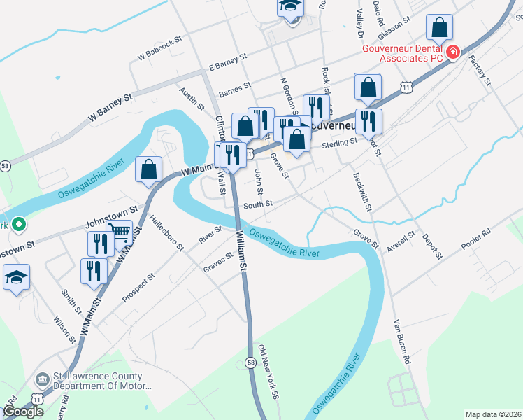 map of restaurants, bars, coffee shops, grocery stores, and more near 24 South Street in Gouverneur