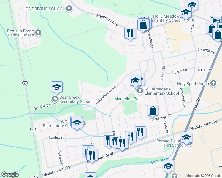 map of restaurants, bars, coffee shops, grocery stores, and more near in Barrie