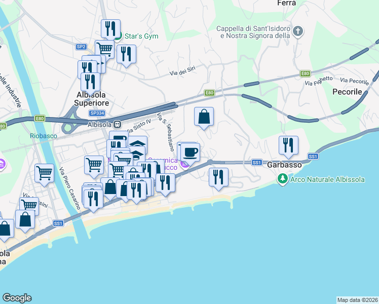 map of restaurants, bars, coffee shops, grocery stores, and more near 10 Via Alba Docilia in Albisola Superiore