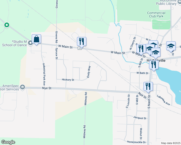 map of restaurants, bars, coffee shops, grocery stores, and more near 218 Emily Way in Hortonville