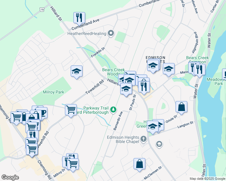 map of restaurants, bars, coffee shops, grocery stores, and more near 295 Evans Drive in Peterborough