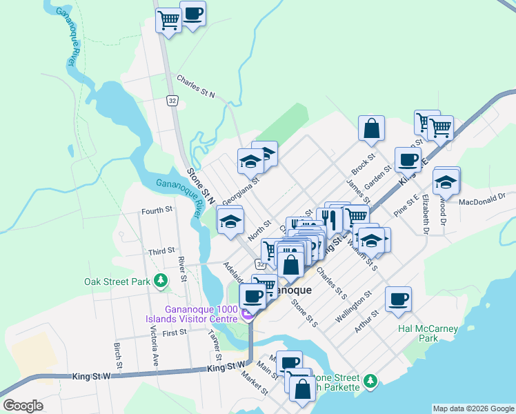 map of restaurants, bars, coffee shops, grocery stores, and more near in Gananoque