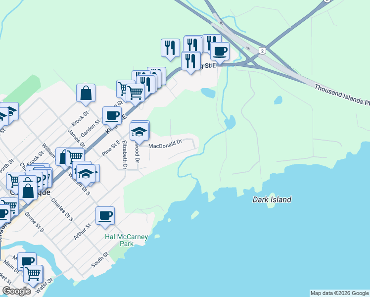 map of restaurants, bars, coffee shops, grocery stores, and more near 682 Arthur Street in Gananoque
