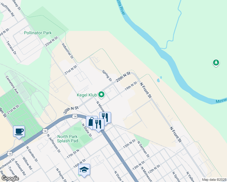 map of restaurants, bars, coffee shops, grocery stores, and more near 2005 North Spring Street in New Ulm