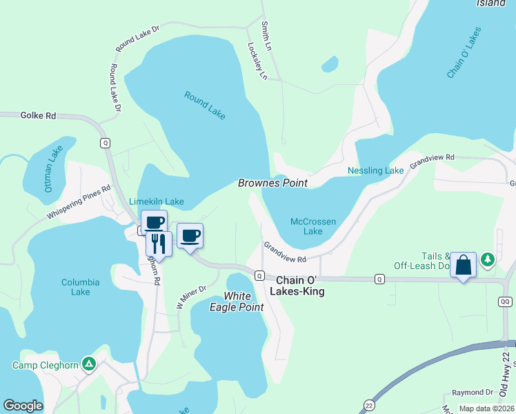 map of restaurants, bars, coffee shops, grocery stores, and more near E1288 County Q in Waupaca