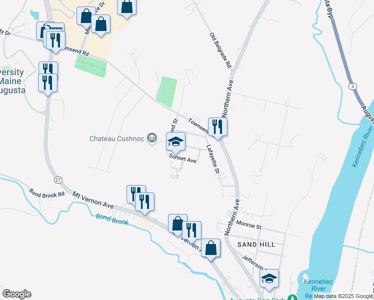 map of restaurants, bars, coffee shops, grocery stores, and more near 27 Cummings Avenue in Augusta
