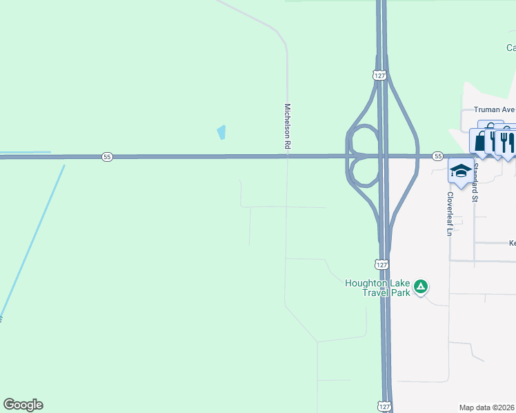 map of restaurants, bars, coffee shops, grocery stores, and more near Lone Pine Road in Roscommon Township