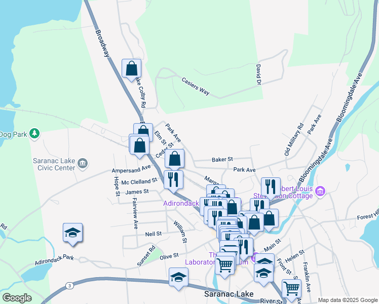 map of restaurants, bars, coffee shops, grocery stores, and more near 67 Park Avenue in Saranac Lake
