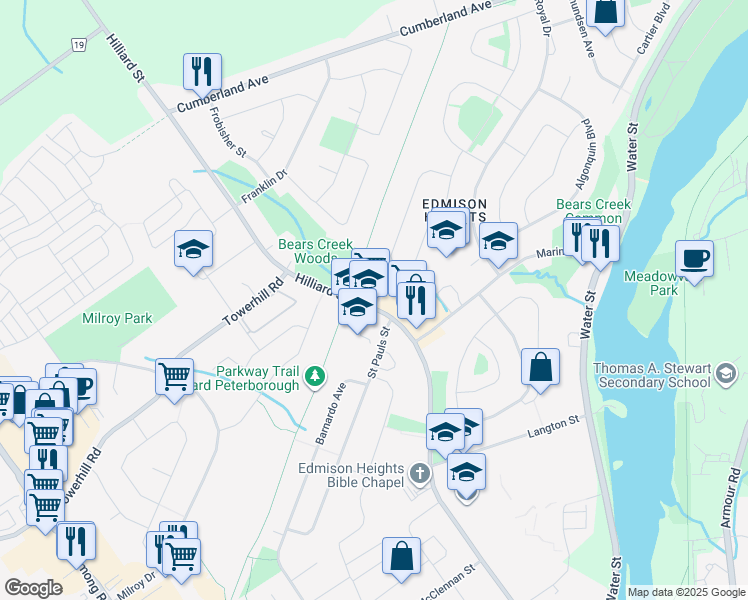map of restaurants, bars, coffee shops, grocery stores, and more near 1100 Hilliard Street in Peterborough