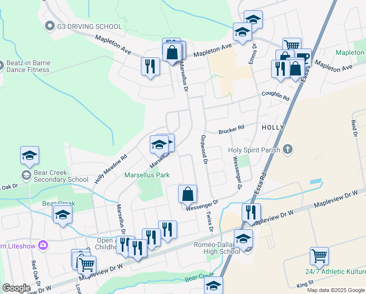 map of restaurants, bars, coffee shops, grocery stores, and more near in Barrie